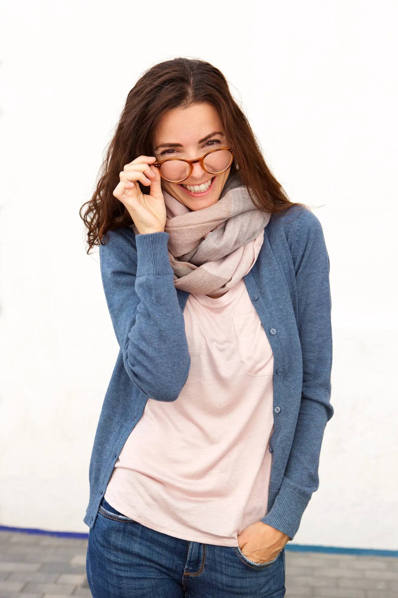 stylish female model smiling with glasses